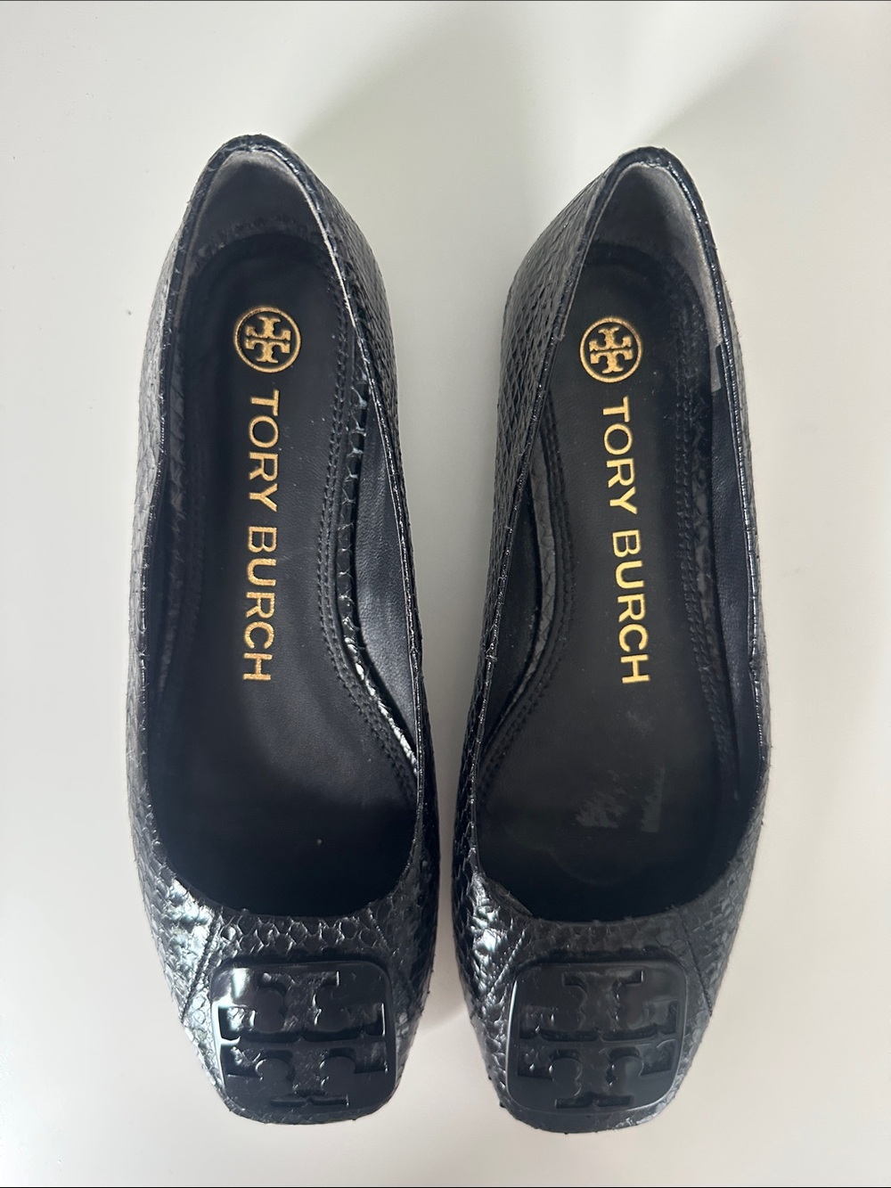 Tory Burch Black Embossed Leather Logo Ballet Flats